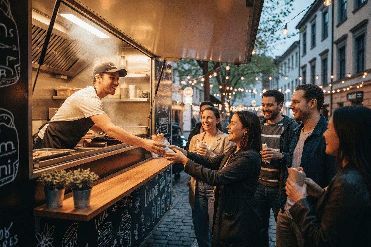 Friendly staff serving customers at food truck