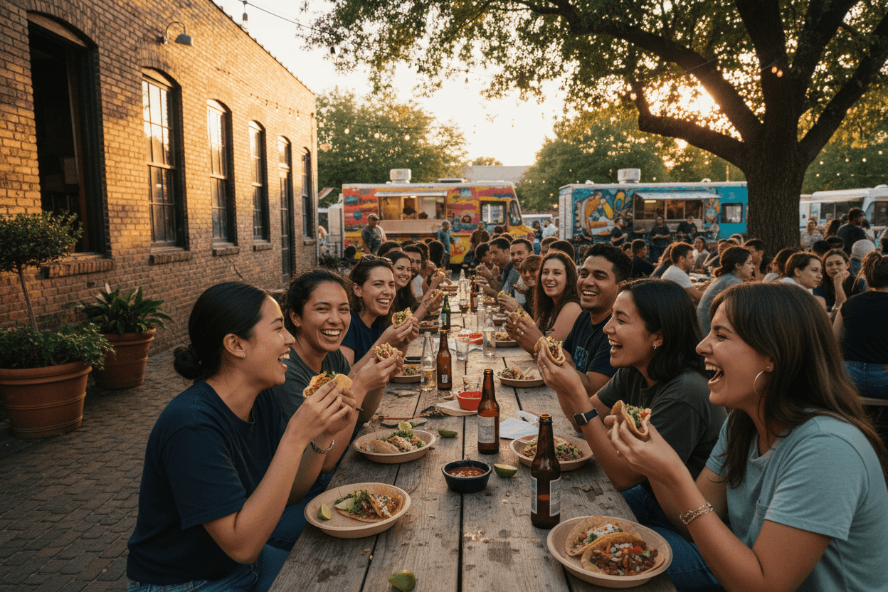 Happy customers enjoying tacos