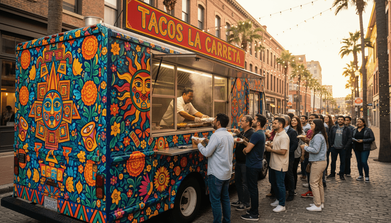Tacos La Carreta food truck with customers