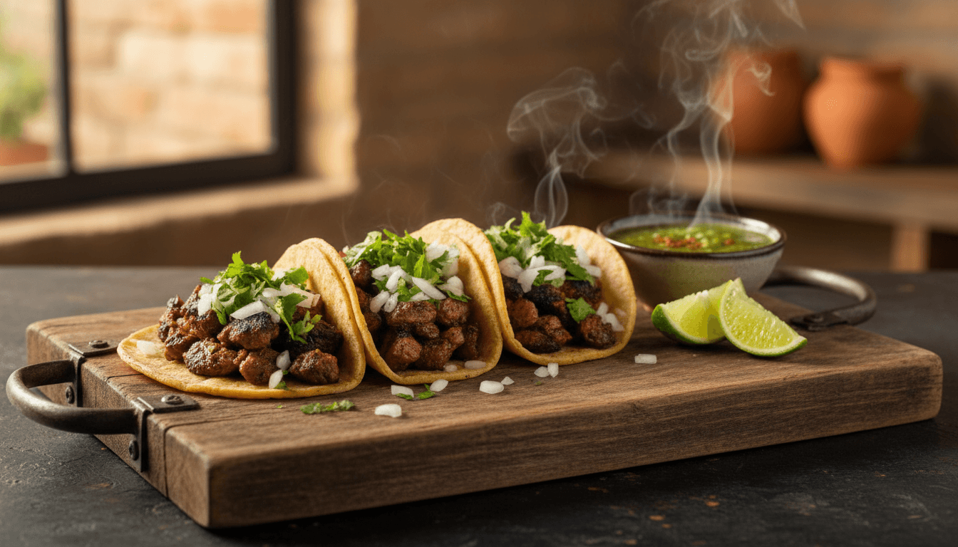 Authentic Mexican street tacos with carne asada, cilantro, and fresh toppings